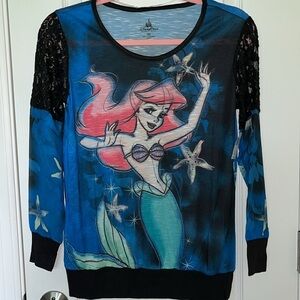 🆕 Disney Parks Little Mermaid Ariel Long Sleeve Top with Black Lace Size XS